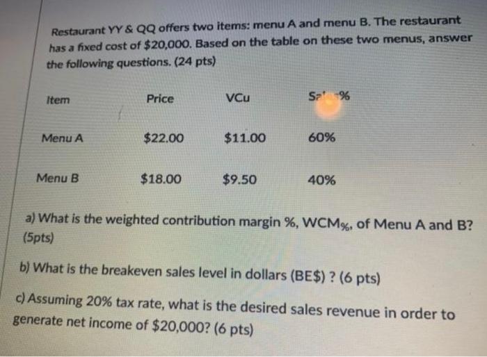  Restaurant YY & QQ offers two items: menu A and menu