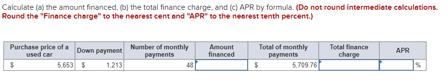  Calculate (a) the amount financed, (b) the total finance charge, and