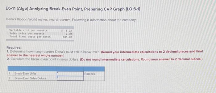  E6-11 (Algo) Analyzing Break-Even Point, Preparing CVP Graph (LO 6-1) Dana's