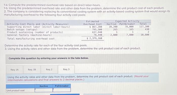  1-a: Compute the predetermined overhead rate based on direct labor-hours. 1-b.