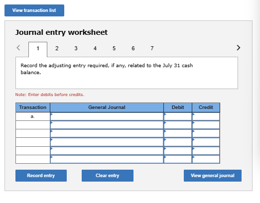 related to the July 31 cash balance. Note: Enter debits before credits.