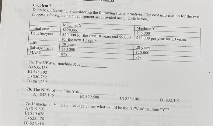  please show all steps Problem 7: Dunn Manufacturing is considering the