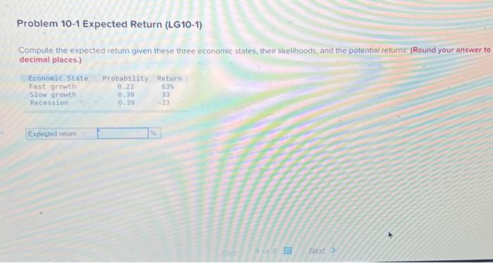  Problem 10-1 Expected Return (LG10-1) Compute the expected return given these