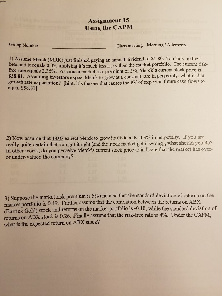 Risk and Return? Assignment 15 Using the CAPM Group Number Class