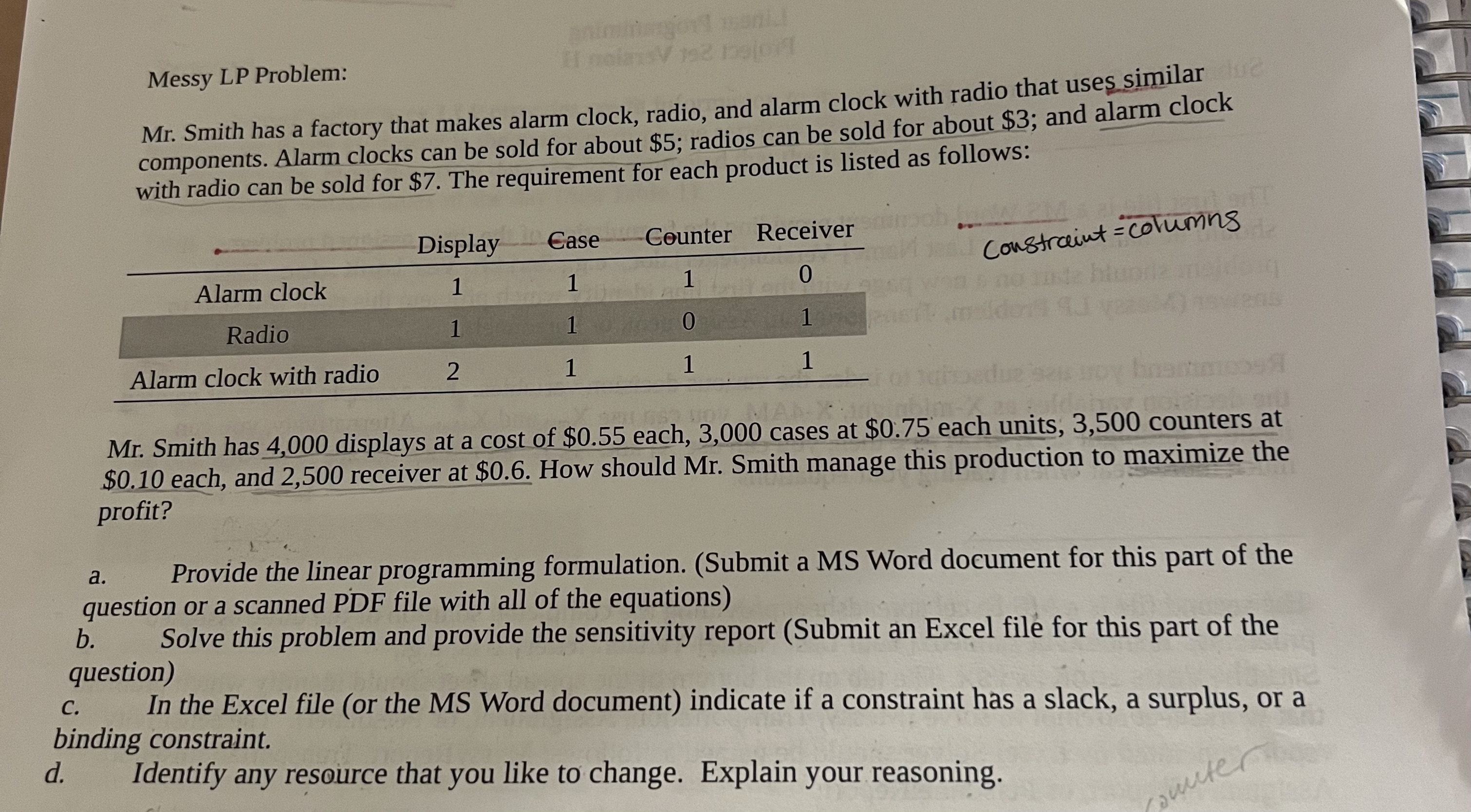  Messy LP Problem: Mr. Smith has a factory that makes alarm