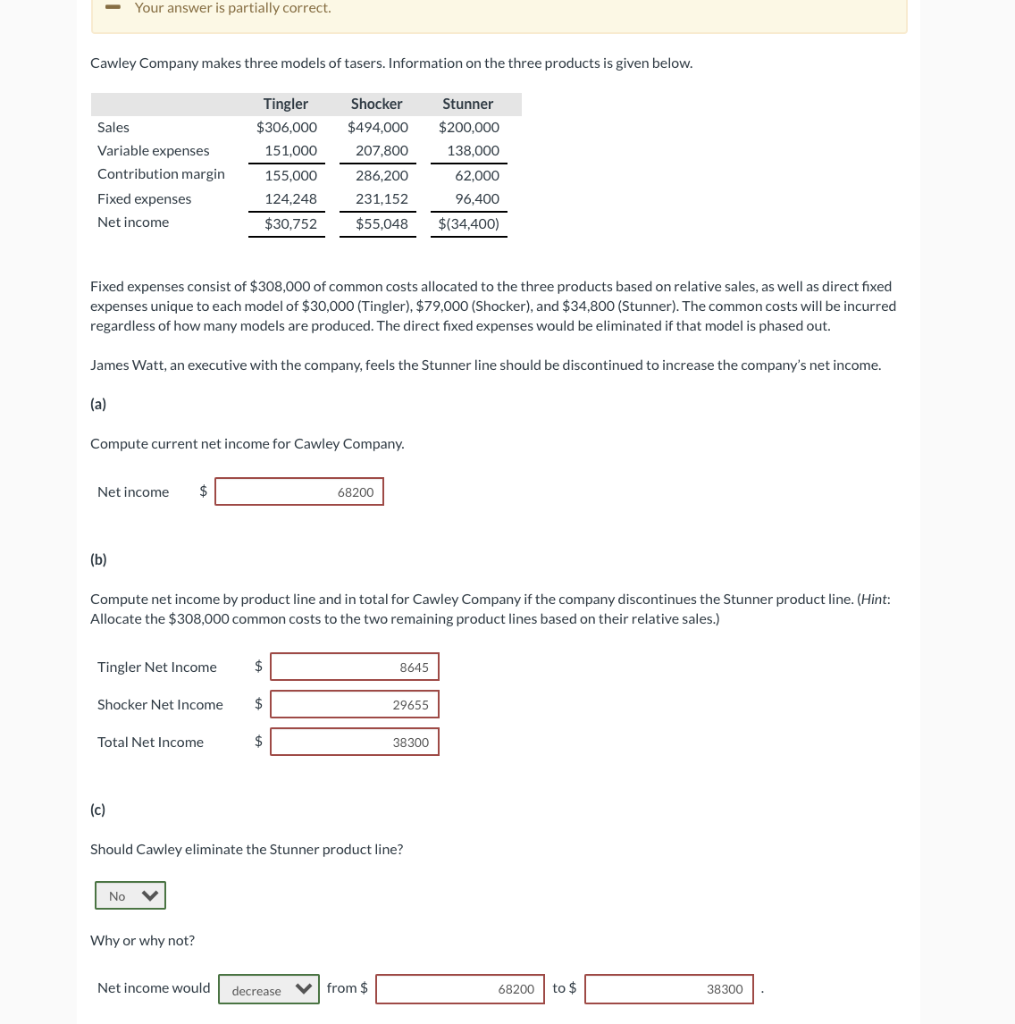 Your answer is partially correct. Cawley Company makes three models of
