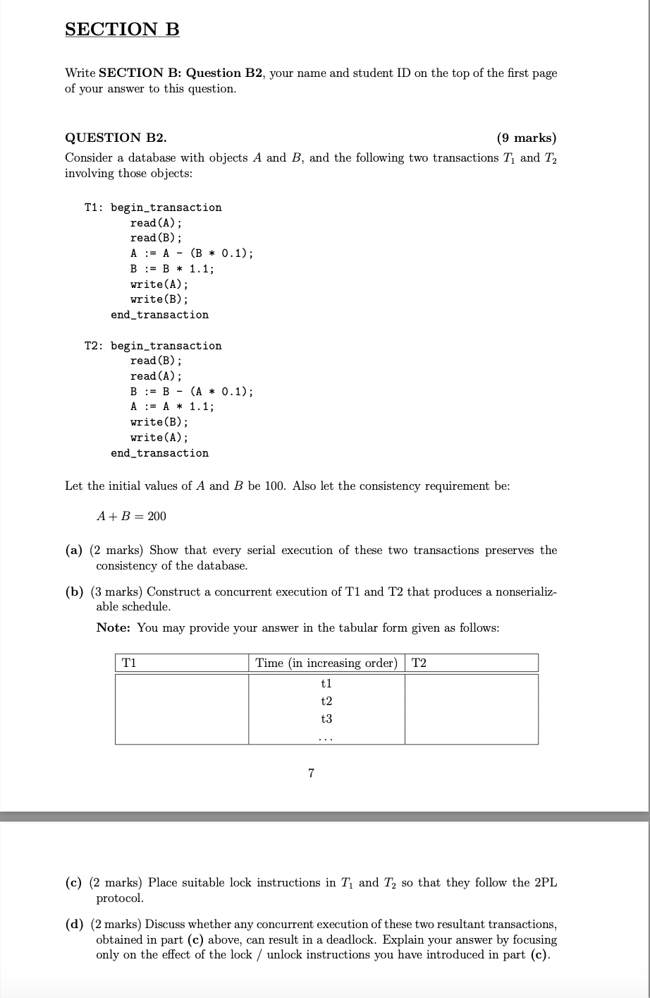  Write SECTION B: Question B2, your name and student ID on