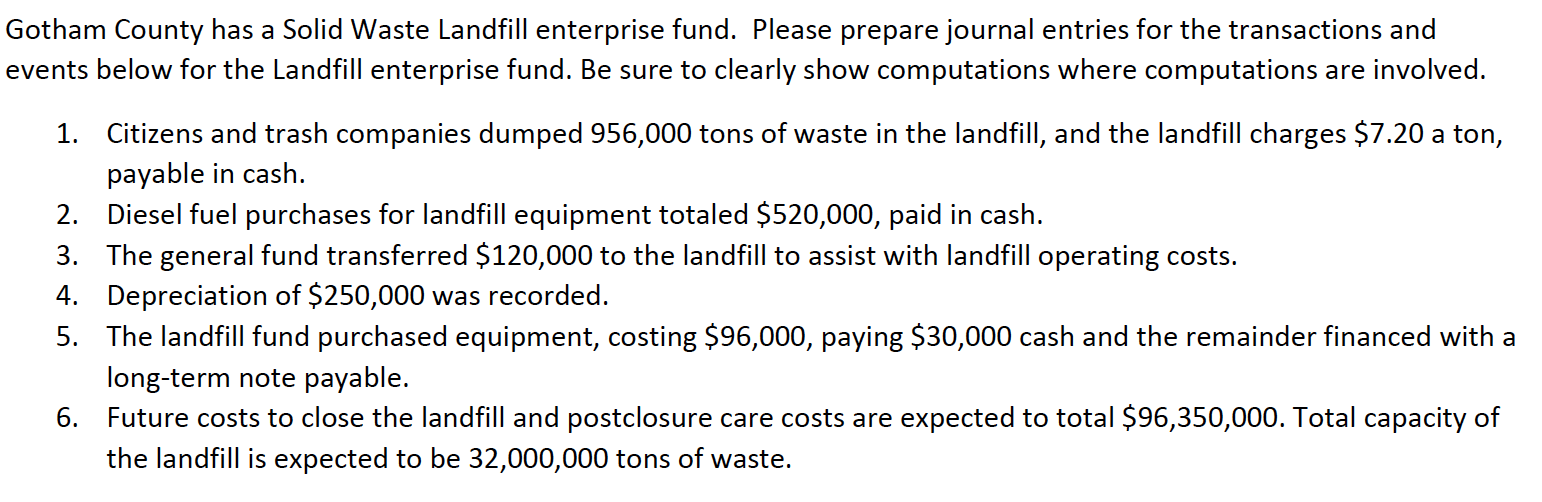 Gotham County has a Solid Waste Landfill enterprise fund. Please prepare