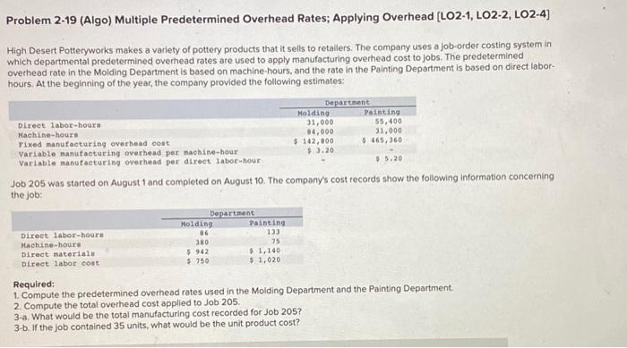  Problem 2-19 (Algo) Multiple Predetermined Overhead Rates; Applying Overhead (LO2-1, LO2-2,