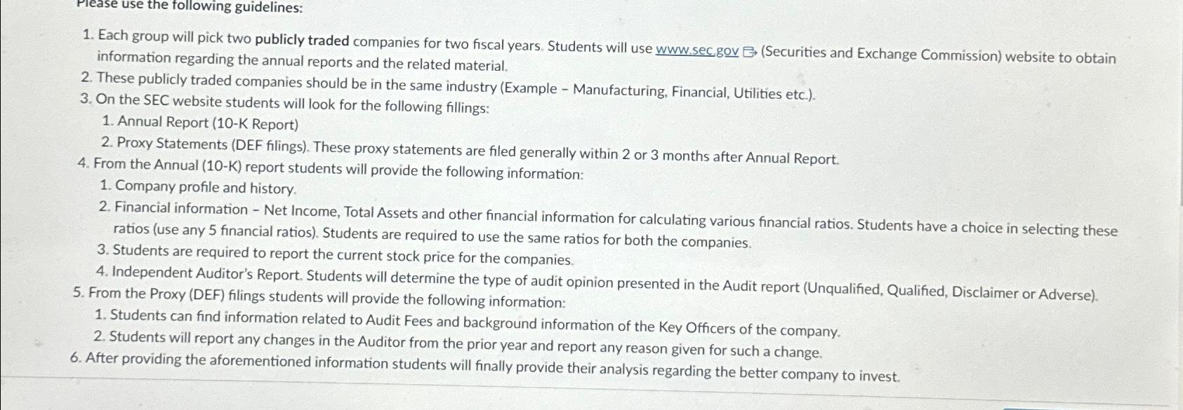  use the following guidelines: Each group will pick two publicly traded