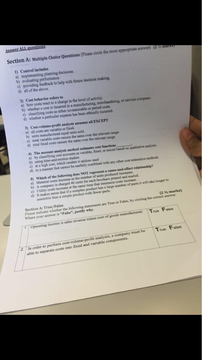  Section A: Multiple Choice Questions (Please circle the most appropriate answer