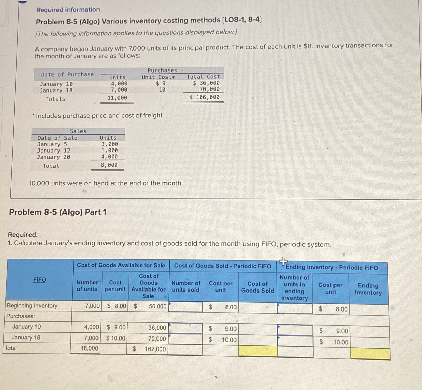  Required information Problem 8-5(Algo) Various inventory costing methods [LO8-1,8-4] [The following