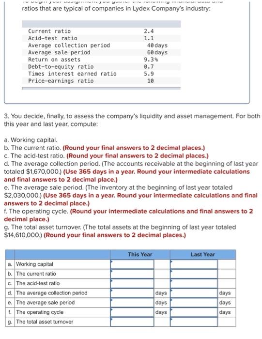 and ratios that are typical of companies in Lydex Company's industry: ratios