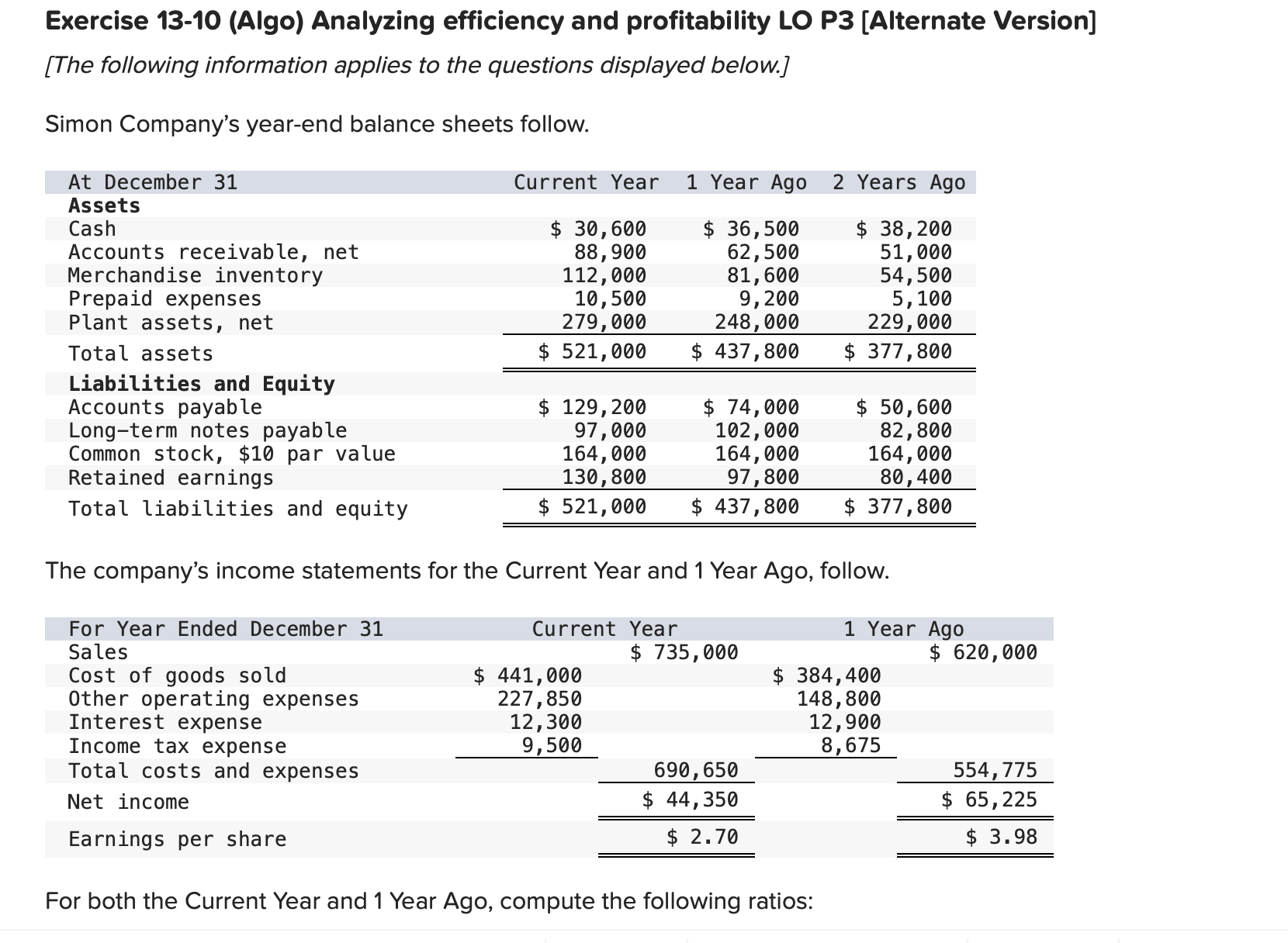 year ago. Exercise 13-10 (Algo) Analyzing efficiency and profitability LO P3 [Alternate