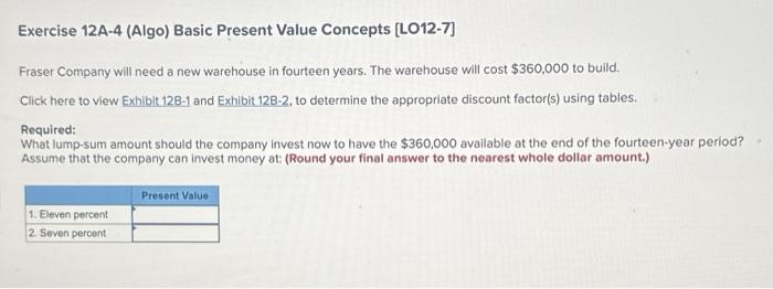 please help 4 Exercise 12A-4 (Algo) Basic Present Value Concepts [LO12-7] Fraser