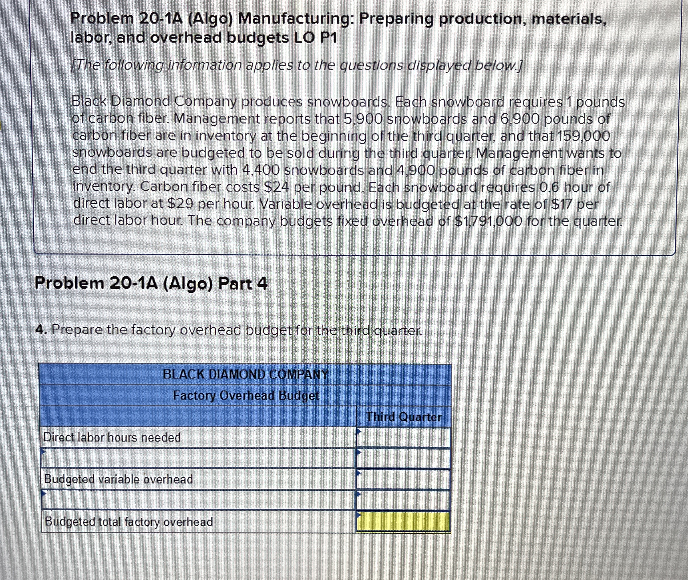  Problem 20-1A (Algo) Manufacturing: Preparing production, materials, labor, and overhead budgets