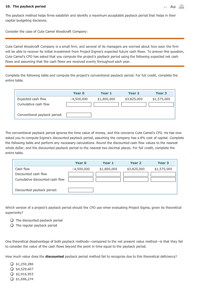 10. The payback period Aa Aa The payback method helps firms