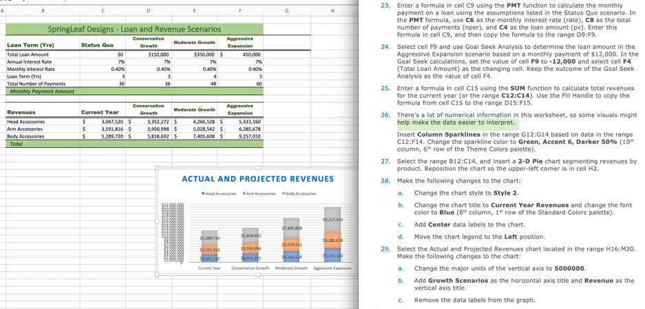  23. Enter a formula in cell C9 using the PMT function