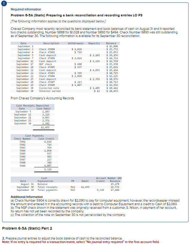  Required information Problem 6.5A (Statle) Preparing a bank reconellletlon and recording