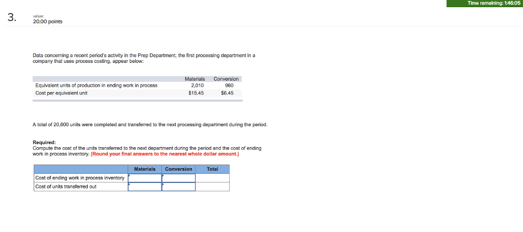 Time remaining: 1:46:05 20.00 points Data concerning a recent period's activity