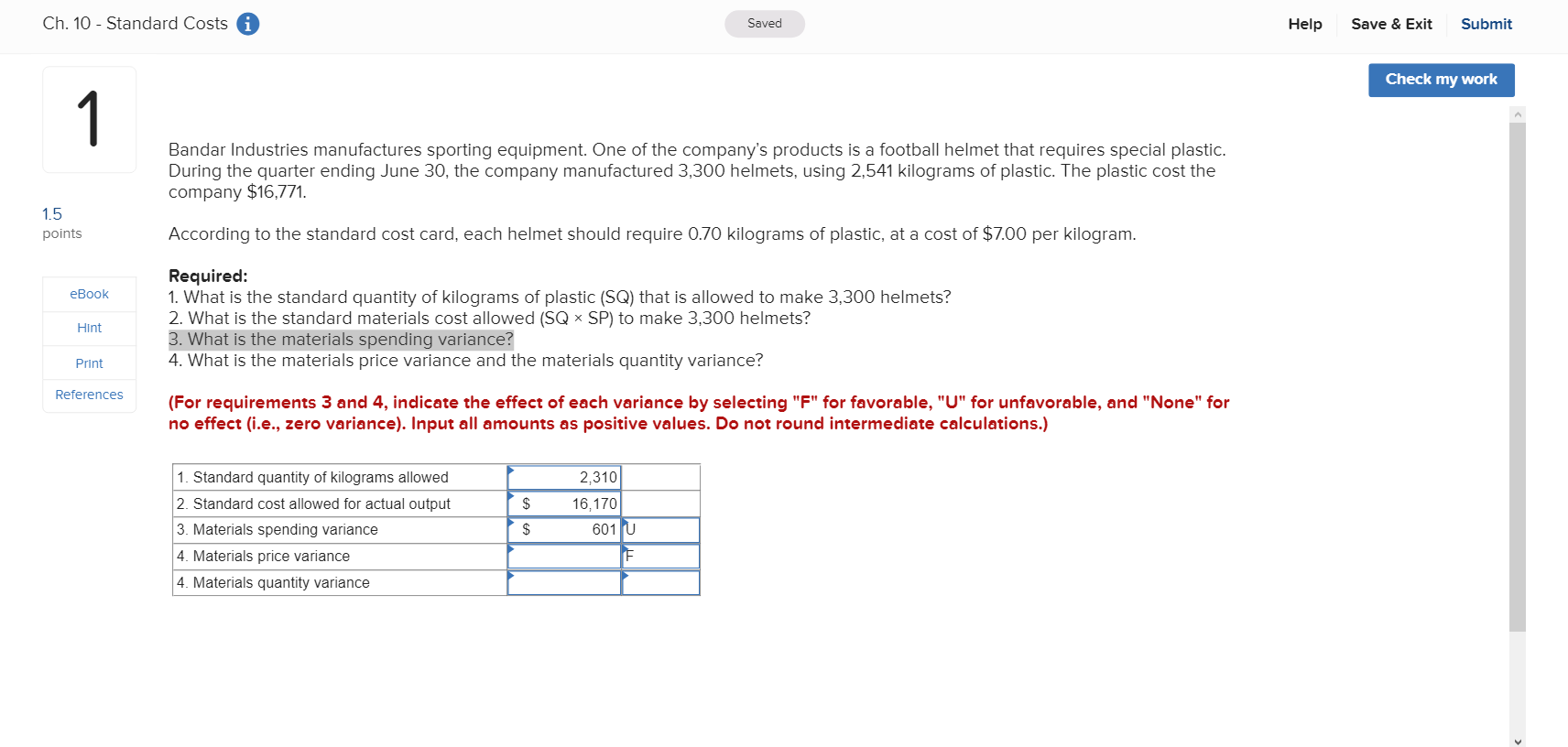 Ch. 10 - Standard Costs i Saved Help Save & Exit