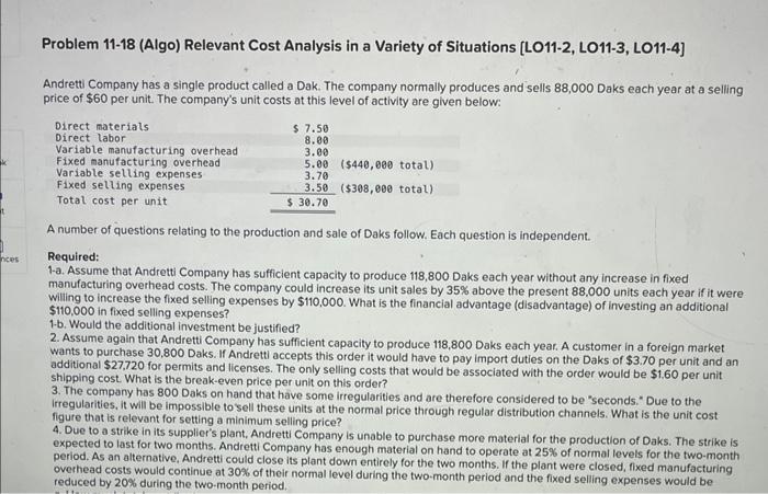 help Problem 11-18 (Algo) Relevant Cost Analysis in a Variety of Situations