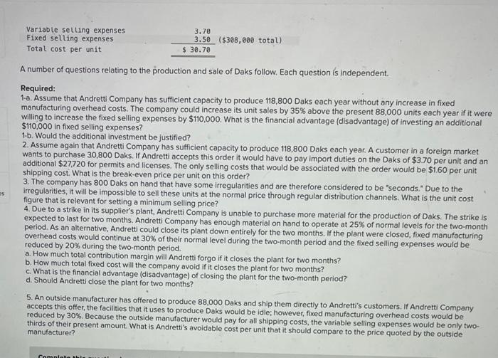 [LO11-2, LO11-3, LO11-4] Andretti Company has a single product called a Dak.