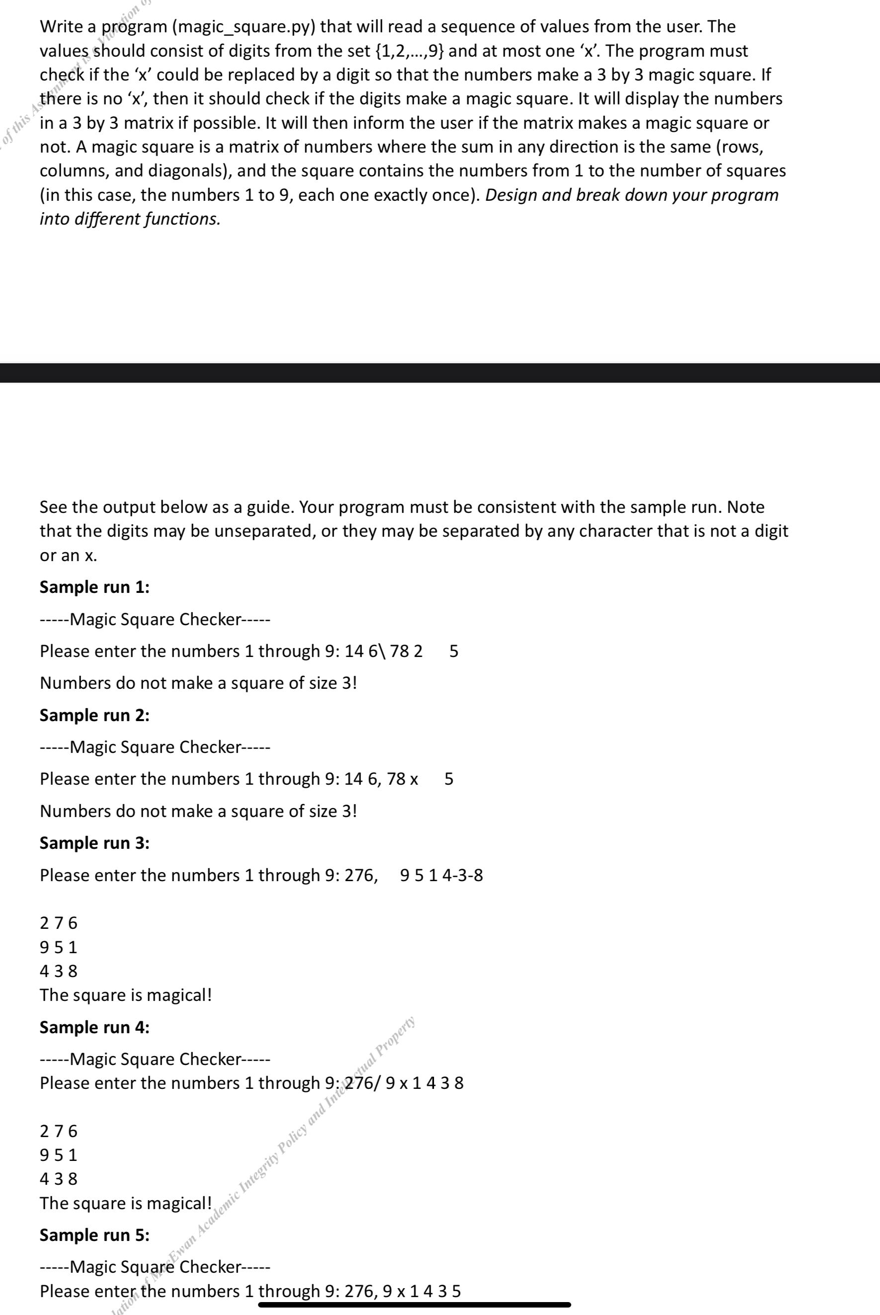 Write a program (magic_square.py) that will read a sequence of values