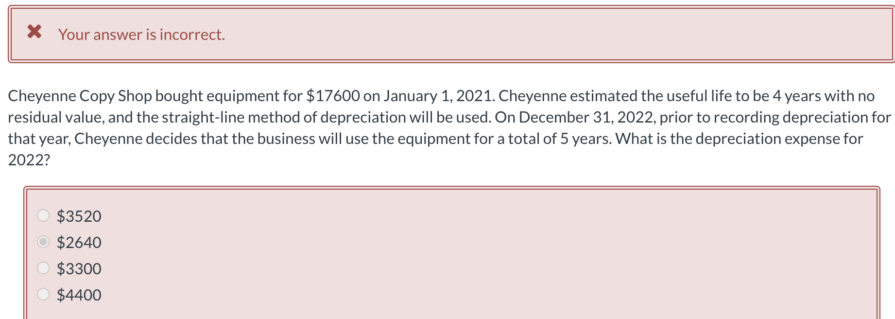  X Your answer is incorrect. Cheyenne Copy Shop bought equipment for