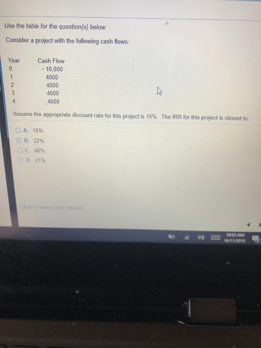  Use the table for the question(s) below. Consider a project with