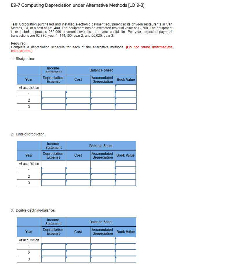  E9-7 Computing Depreciation under Alternative Methods [LO 9-3] Tails Corporation purchased