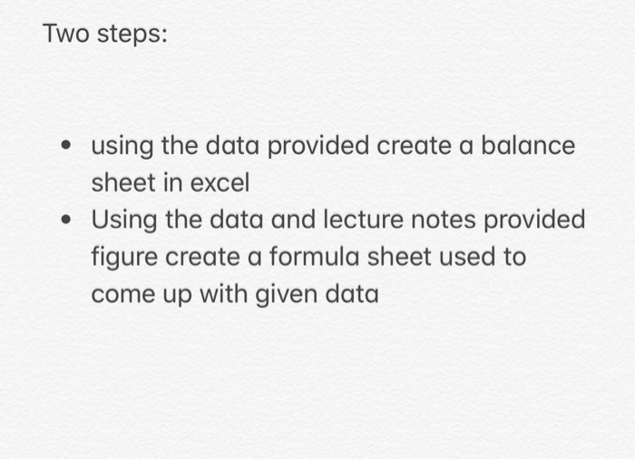  Two steps: e using the data provided create a balance sheet