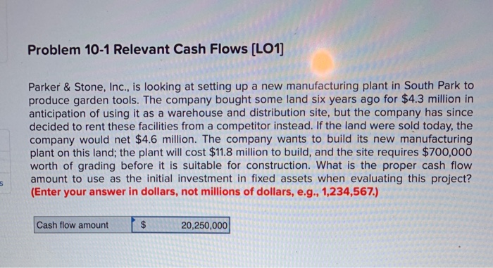  Problem 10-1 Relevant Cash Flows (LO1] Parker & Stone, Inc., is