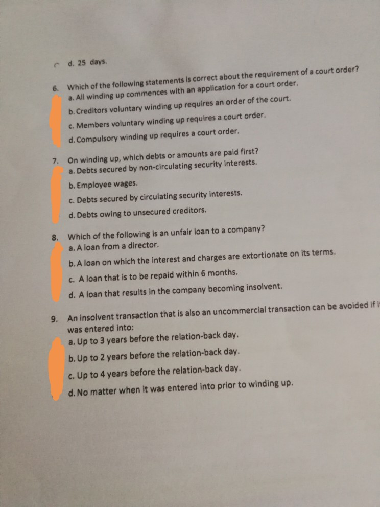 what is answer for question 6 7 8 9? d. 25