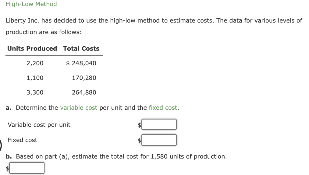  High-Low Method Liberty Inc. has decided to use the high-low method