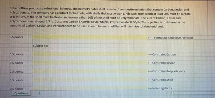 57.50/b, Kevlar $14/, Polycarbonate 2.5o. The objective is to determine the amounts