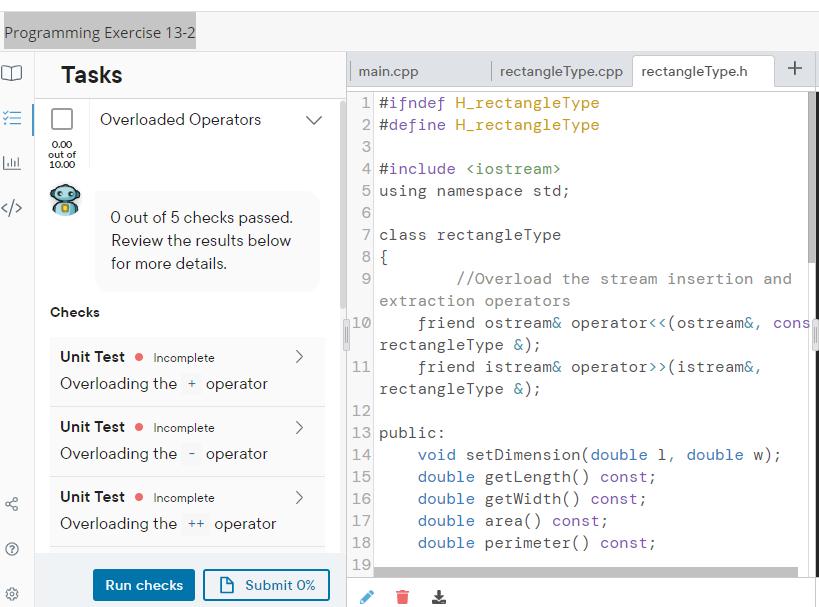 program that tests various operations on the class rectangleType. 0.00 out of