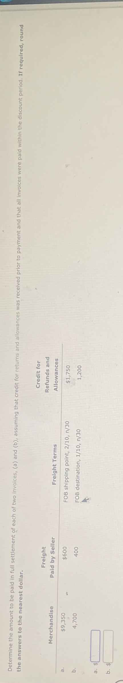  the answers to the nearest dollar. \table[[,Merchandise,\table[[Freight],[Paid by Seller]],Freight Terms,\table[[Credit for],[Refunds