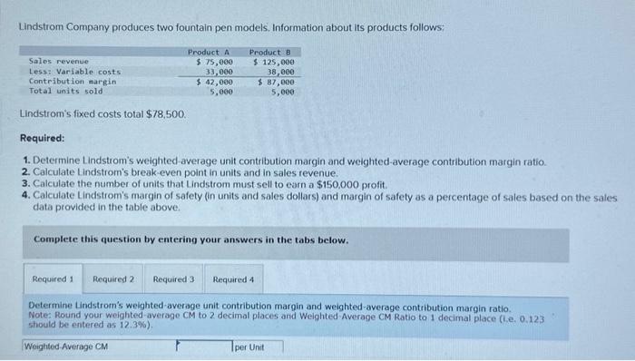 pg 5 1. Determine Lindstrom's weighted-average unit contribution margin and weighted-average contribution