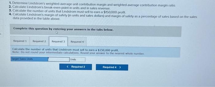 to earn a $150,000 profit. 4. Calculate Lindstrom's margin of safety (in