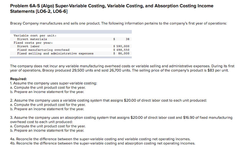  Problem 6A-5 (Algo) Super-Variable Costing, Variable Costing, and Absorption Costing Income