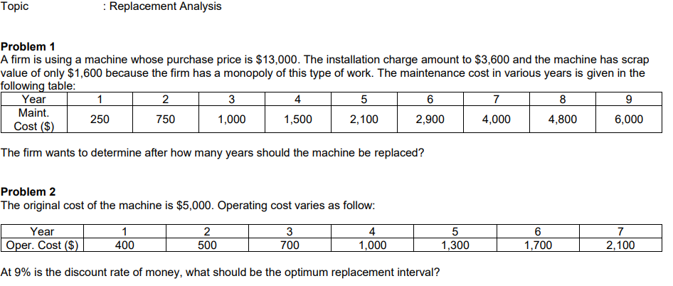 Topic : Replacement Analysis Problem 1 A firm is using a