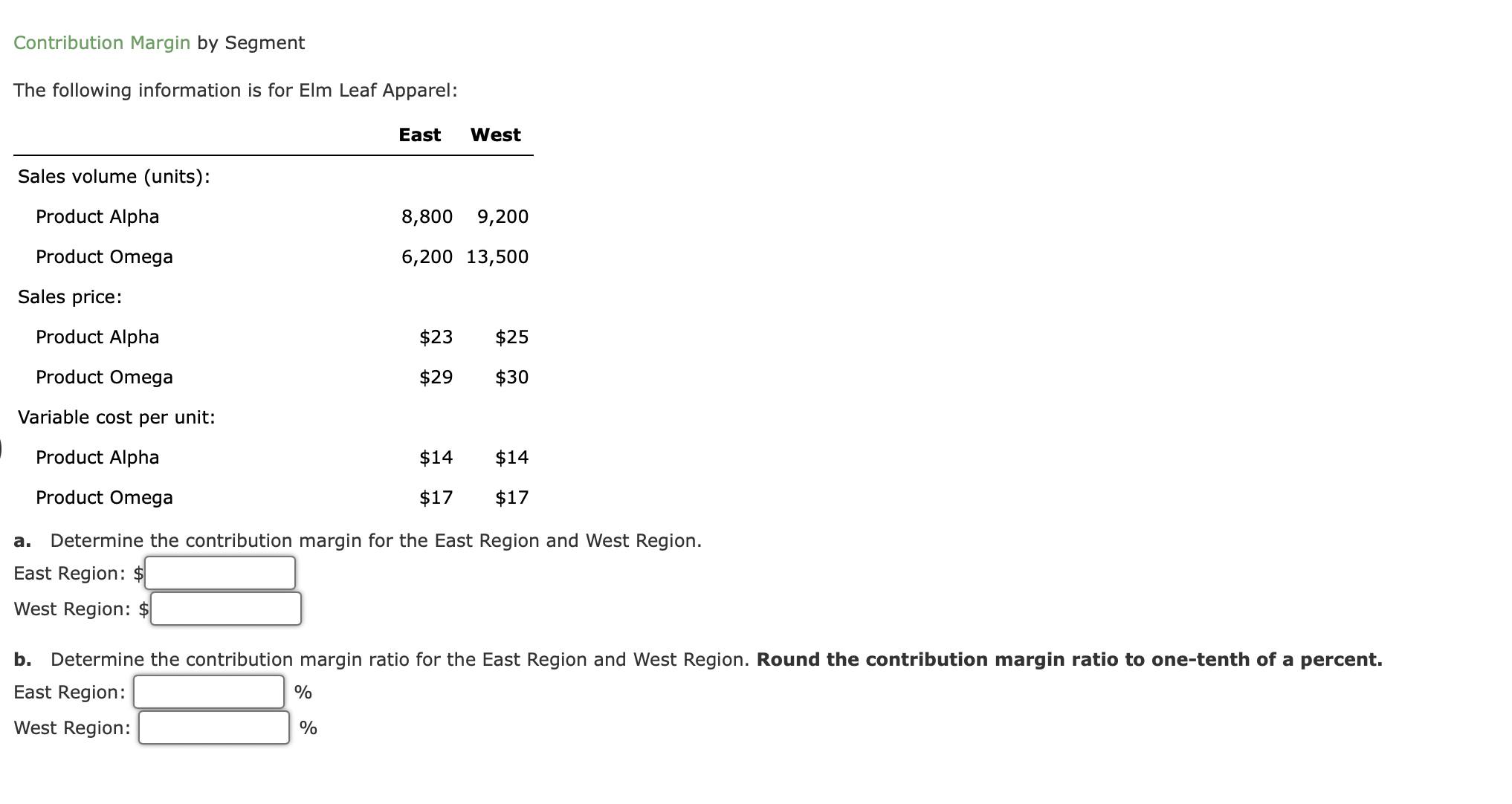 Contribution Margin by Segment The following information is for Elm Leaf