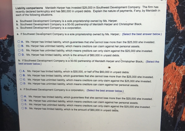  21 Multiple-choice please answer all Liability comparisons Merideth Harper has invested