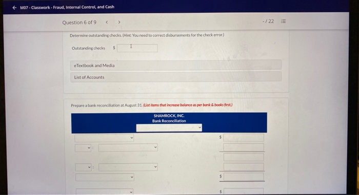9 -122 !!! Shamrock, Inc.'s bank statement from Main Street Bank at