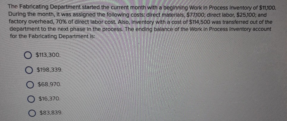  The Fabricating Department started the current month with a beginning Work