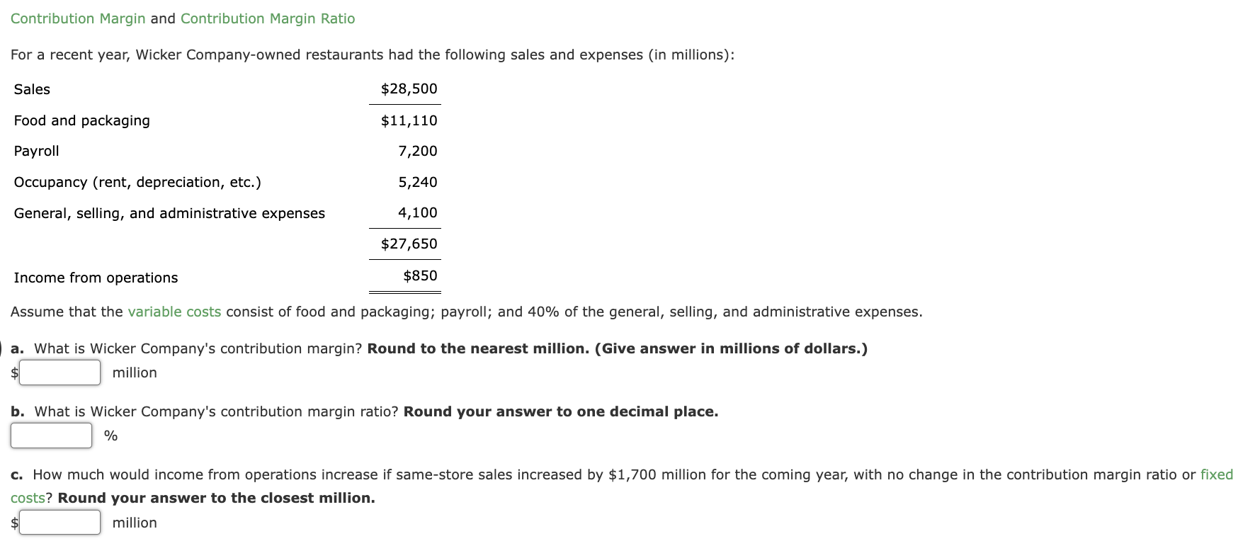 Contribution Margin and Contribution Margin Ratio For a recent year, Wicker