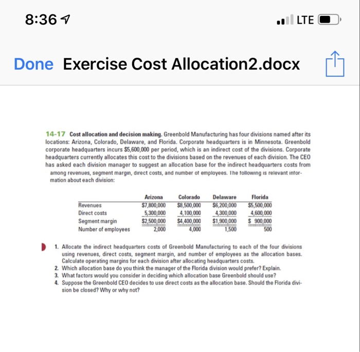  8:36 Done Exercise Cost Allocation2.docx 14-17 Cost allocation and decision making.