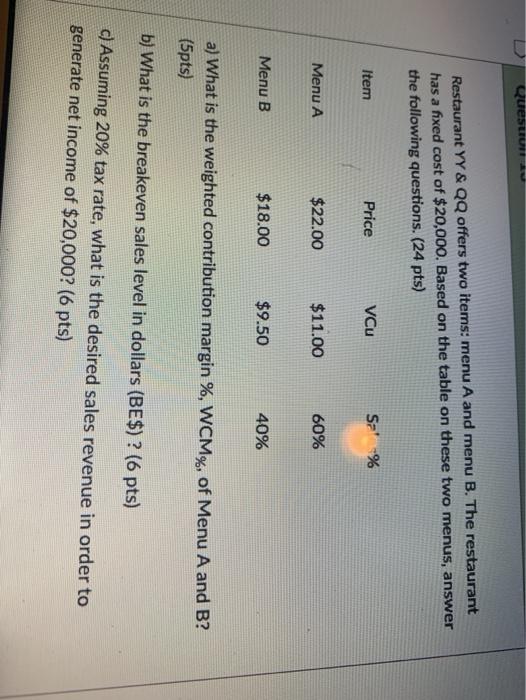  Question Restaurant YY & QQ offers two items: menu A and