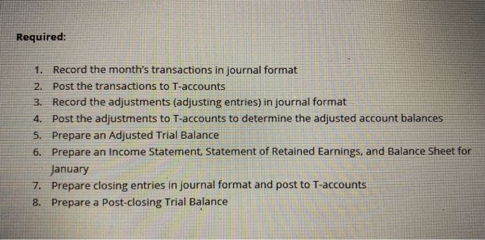  Required: 1. Record the month's transactions in journal format 2. Post